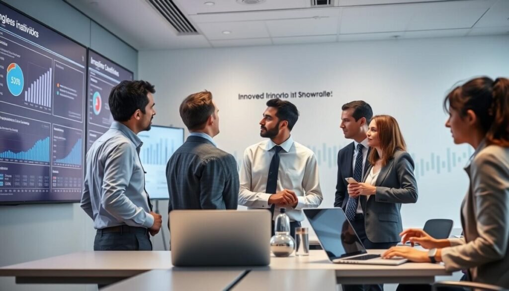 A modern office interior showcasing a large interactive digital dashboard displaying data governance metrics and regulatory compliance reports. In the foreground, a diverse group of business professionals in formal attire closely examines the data on large screen displays, analyzing charts and figures that represent cloud storage solutions. The middle ground features sleek, modern workstations with laptops and cloud storage icons. In the background, a wall is adorned with ambition-driven artwork showcasing innovation in data management. Soft, ambient lighting floods the room, fostering a collaborative atmosphere. The perspective is slightly elevated, capturing the team engaged in discussion while emphasizing the digital tools around them. The overall mood is focused and dynamic, reflecting the importance of data governance in business strategy.