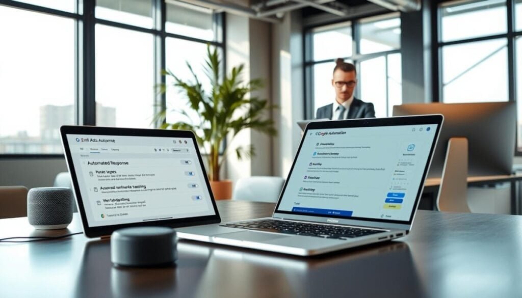 A modern office scene depicting the concept of email automation, with a sleek desk in the foreground showcasing a high-tech laptop with an open Gmail interface displaying automated response settings. Nearby, a smart speaker and digital calendar are visible, suggesting seamless integration. In the middle ground, a confident professional in business attire is interacting with a digital tablet, demonstrating a user-friendly interface for automating tasks. The background features large windows with natural light flooding in, casting soft shadows, and a potted plant adds a touch of greenery, promoting a calm and efficient atmosphere. The angle is slightly elevated, providing an overview of the workspace, capturing the essence of advanced office technology and productivity in a sophisticated environment.