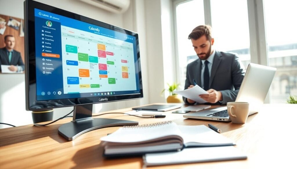 A modern office scene featuring a computer screen displaying a colorful and well-organized Calendly availability calendar interface. In the foreground, a professional-looking individual in business attire is intently focused on the screen, taking notes on a notepad. In the middle ground, an open laptop sits on a stylish wooden desk, alongside a planner and a coffee cup. The background showcases a bright, well-lit room with a large window allowing natural light to flood in, casting soft shadows. The atmosphere is productive and inviting, exuding a sense of clarity and organization. The angle is slightly above eye level to capture the workspace aesthetic while emphasizing the importance of planning and scheduling for meetings.
