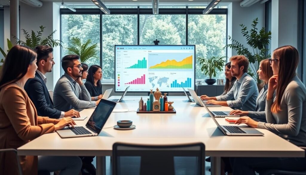 A modern office scene illustrating the integration of AI into social media workflows. In the foreground, a diverse team of professionals dressed in smart casual clothing, engaged in a discussion around a sleek conference table filled with digital devices, laptops, and AI software dashboards. In the middle, a large screen displays vibrant graphs and analytics representing social media metrics powered by AI technology. The background showcases a bright, airy office space with greenery and contemporary decor, emphasizing a collaborative and innovative atmosphere. Soft, natural lighting filters through large windows, casting gentle shadows. The mood conveys productivity and inspiration as the team collaborates seamlessly with AI tools, highlighting the future of social media management.