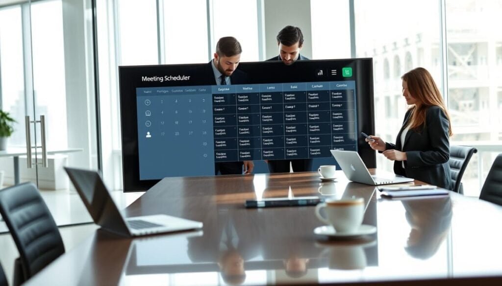 A modern office setting depicting a sleek digital meeting scheduler on a large touchscreen display. In the foreground, a diverse group of three professionals, dressed in smart business attire, are gathered around the screen, engaged in setting their meeting preferences. The middle ground showcases a polished conference table with laptops, notepads, and coffee cups, enhancing the collaborative atmosphere. The background features a bright, airy office space with large windows allowing natural light to pour in, casting soft shadows. The mood is productive and focused, conveying a sense of teamwork and efficiency. The image should have a clean and modern aesthetic, captured from a slightly elevated angle to emphasize the interaction with the scheduler.
