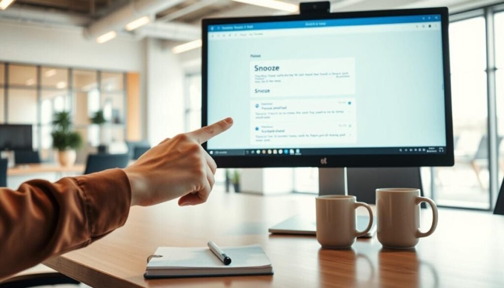 A modern office setting featuring a computer screen displaying the Outlook email interface, specifically showcasing the "Snooze" feature highlighted. In the foreground, a hand reaches toward the screen, clicking on a "Snooze" button. The middle ground includes a sleek desk with a notepad and a coffee cup, emphasizing a productive workspace atmosphere. The background features a softly blurred image of an office with large windows letting in natural light, creating a warm and inviting mood. The lighting is bright yet soft, suggesting a clear, focused environment. Use a wide-angle lens effect to capture the depth of the office space, ensuring the scene feels professional and organized, perfect for illustrating the concept of email management in a busy work life. A modern office setting featuring a computer screen displaying the Outlook email interface, specifically showcasing the "Snooze" feature highlighted. In the foreground, a hand reaches toward the screen, clicking on a "Snooze" button. The middle ground includes a sleek desk with a notepad and a coffee cup, emphasizing a productive workspace atmosphere. The background features a softly blurred image of an office with large windows letting in natural light, creating a warm and inviting mood. The lighting is bright yet soft, suggesting a clear, focused environment. Use a wide-angle lens effect to capture the depth of the office space, ensuring the scene feels professional and organized, perfect for illustrating the concept of email management in a busy work life.