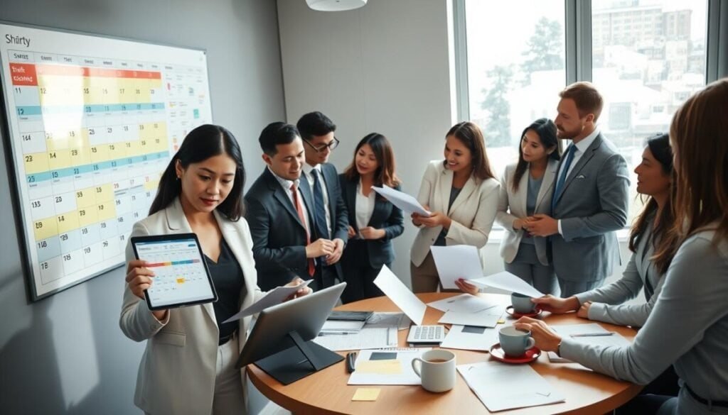 A modern office setting featuring a diverse group of professionals, all dressed in business attire, collaboratively discussing shift schedules and time-off requests. In the foreground, a woman of Asian descent examines a digital tablet showing a scheduling interface, while a Caucasian man points at a wall calendar filled with color-coded shift slots. In the middle, a round table is cluttered with papers, sticky notes, and coffee cups, surrounded by focused team members deep in conversation. The background showcases a large window with natural sunlight streaming in, illuminating the workspace and creating a bright, productive atmosphere. The overall mood is dynamic and cooperative, emphasizing teamwork and organizational efficiency in handling shift requests. A modern office setting featuring a diverse group of professionals, all dressed in business attire, collaboratively discussing shift schedules and time-off requests. In the foreground, a woman of Asian descent examines a digital tablet showing a scheduling interface, while a Caucasian man points at a wall calendar filled with color-coded shift slots. In the middle, a round table is cluttered with papers, sticky notes, and coffee cups, surrounded by focused team members deep in conversation. The background showcases a large window with natural sunlight streaming in, illuminating the workspace and creating a bright, productive atmosphere. The overall mood is dynamic and cooperative, emphasizing teamwork and organizational efficiency in handling shift requests.