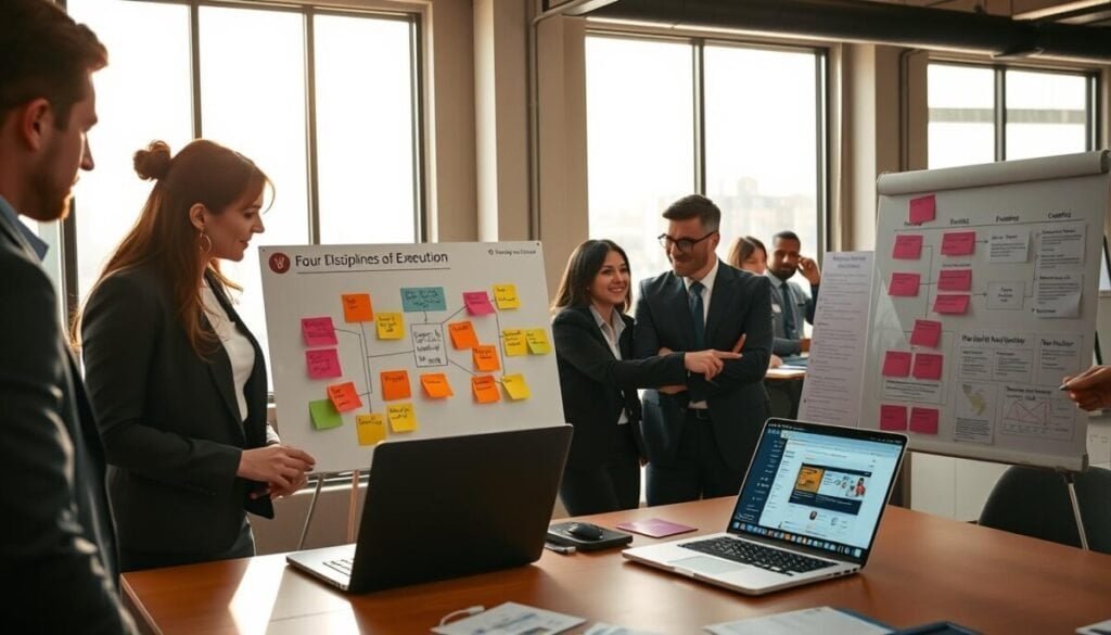 A modern office setting featuring a diverse group of professionals in business attire collaborating around a large table. In the foreground, focus on a woman analyzing a whiteboard filled with colorful post-it notes and flowcharts representing the Four Disciplines of Execution. Each discipline is visually distinct, capturing attention with vibrant colors. The middle ground shows team members engaged in discussion, one pointing to a laptop screen displaying organized browser tabs for deep work. The background consists of large windows with natural sunlight pouring in, creating a bright, motivating atmosphere. Use a wide-angle lens to emphasize the teamwork dynamic, with a warm color palette to convey focus and productivity. The overall mood should be energetic and inspiring, illustrating effective execution in a professional environment.