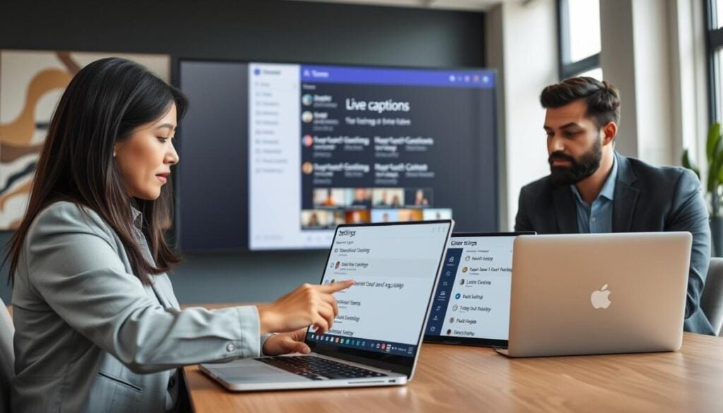 A modern office setting featuring a diverse group of three professionals engaged in a meeting. In the foreground, one person, a woman of Asian descent, is adjusting her laptop settings with a focus on language preferences. The middle layer shows a large screen displaying a Microsoft Teams interface, highlighting live captions in multiple languages. The background includes abstract wall art and a large window with natural light streaming in, creating an inviting atmosphere. The professionals are dressed in smart business attire, showing concentration and collaboration. Soft, diffused lighting enhances the professional but relaxed mood, with a slight depth of field to emphasize the screen and laptop settings in detail.