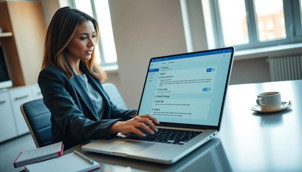 A modern office setting featuring a focused professional woman in business attire, sitting at a sleek desk with a laptop open, managing scheduled emails in Outlook. The foreground shows the laptop screen displaying the Outlook interface with a clear view of the Outbox and Drafts sections. The middle ground includes office supplies like a planner and a cup of coffee, while the background features a bright window with soft natural light pouring in, illuminating the workspace. The atmosphere is calm and organized, suggesting productivity and efficiency. The composition is captured from a slightly elevated angle, emphasizing the laptop and the professional's engaged expression as she double-checks her email settings for future sends.
