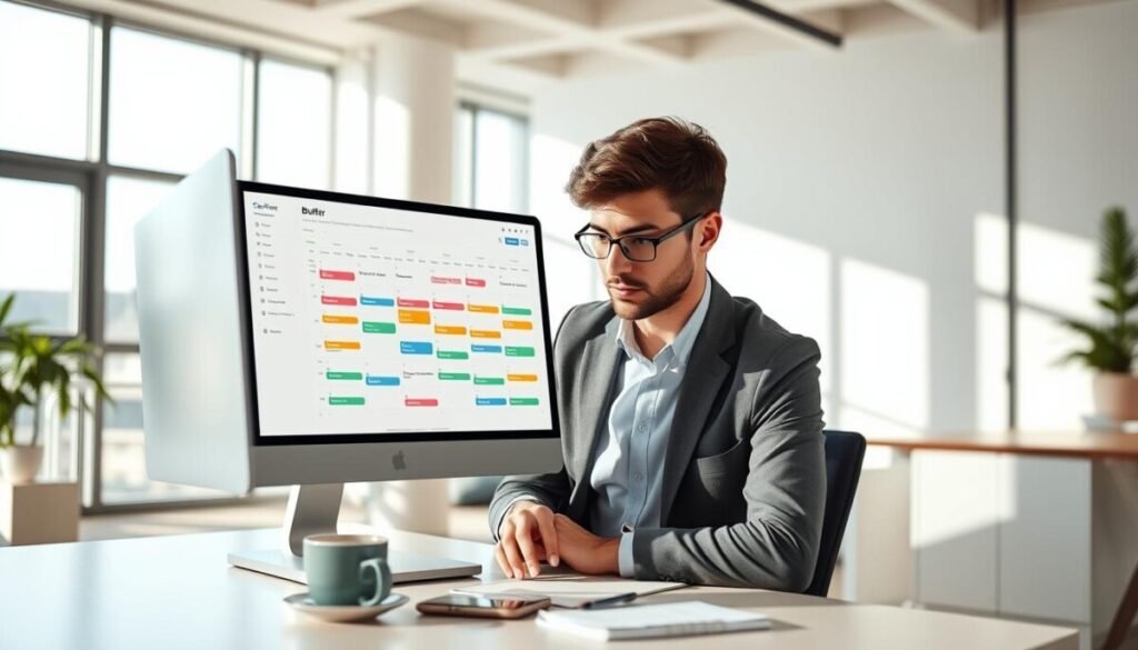 A modern office setting featuring a sleek computer displaying the Buffer social media scheduling dashboard, emphasizing its user-friendly interface with colorful charts and scheduling options. In the foreground, a professional individual in smart casual attire, intently reviewing the schedule, with a focused expression. The middle layer includes a stylish desk with a coffee cup, notepad, and smartphone, symbolizing productivity. The background shows a bright and airy office space with large windows letting in natural light, creating a warm and inviting atmosphere. Soft shadows are cast across the room, enhancing the sense of depth. The overall mood is efficient and organized, reflecting a sense of control over social media management.
