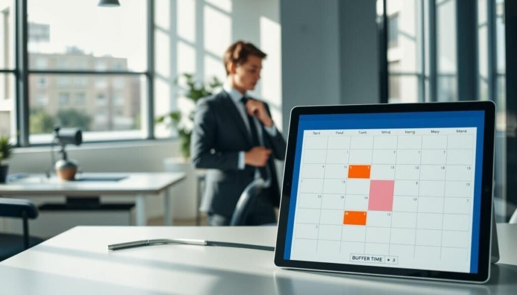 A modern office setting featuring a sleek desk with a computer displaying a scheduling application interface. In the foreground, a digital calendar is open, showing blocked-out time slots for appointments, with a highlighted section labeled "Buffer Time." In the middle ground, a professional wearing smart business attire is seen thoughtfully adjusting their schedule on the computer. The background reveals a stylish office with large windows letting in natural light, casting soft shadows. The overall atmosphere is calm and organized, conveying professionalism and efficiency. The lighting is bright and inviting, emphasizing clarity and focus on the scheduling process. The angle is a slightly elevated view, capturing both the desk and the user interacting with the digital calendar. A modern office setting featuring a sleek desk with a computer displaying a scheduling application interface. In the foreground, a digital calendar is open, showing blocked-out time slots for appointments, with a highlighted section labeled "Buffer Time." In the middle ground, a professional wearing smart business attire is seen thoughtfully adjusting their schedule on the computer. The background reveals a stylish office with large windows letting in natural light, casting soft shadows. The overall atmosphere is calm and organized, conveying professionalism and efficiency. The lighting is bright and inviting, emphasizing clarity and focus on the scheduling process. The angle is a slightly elevated view, capturing both the desk and the user interacting with the digital calendar.