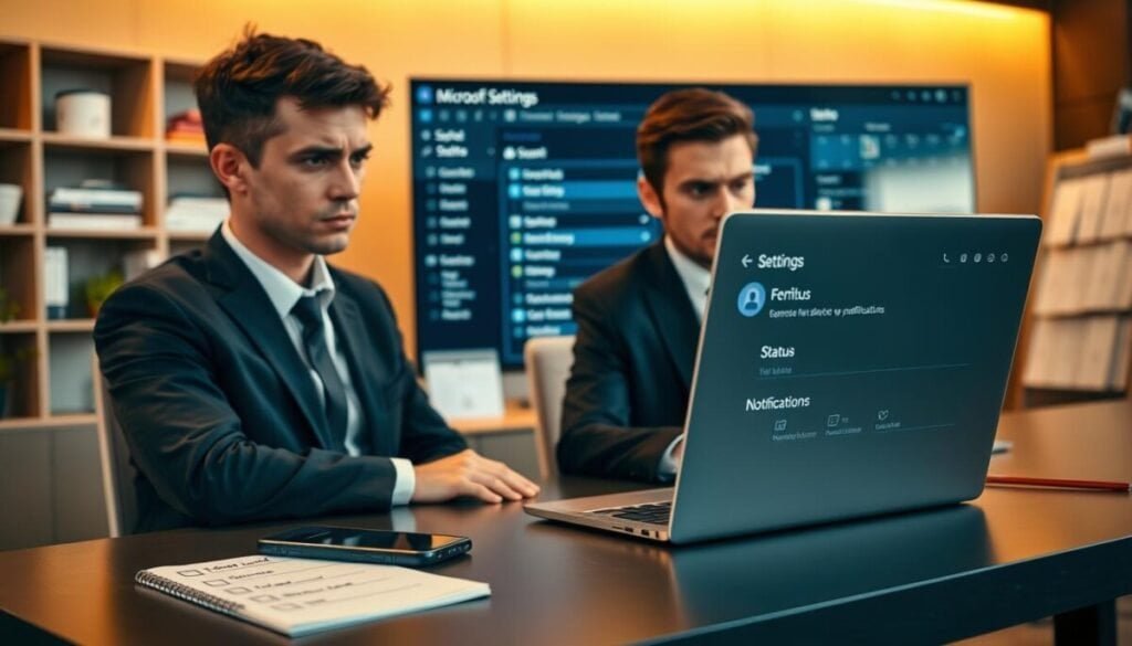 A modern office setting, featuring a sleek desk with a laptop displaying the Microsoft Teams interface. In the foreground, a person in professional business attire is seated, looking thoughtfully at the screen, with a slight furrow of concern on their brow while troubleshooting notifications. On the desk, a smartphone sits next to a notepad with checklists for "Status" and "Notifications". In the middle ground, soft-focus shelves are stocked with books and a digital calendar shows reminders. The background features a large monitor displaying system settings, with warm lighting creating a focused yet slightly tense atmosphere. The angle is slightly tilted to convey depth, emphasizing the troubleshooting process. Overall, the mood reflects a mix of determination and professionalism.