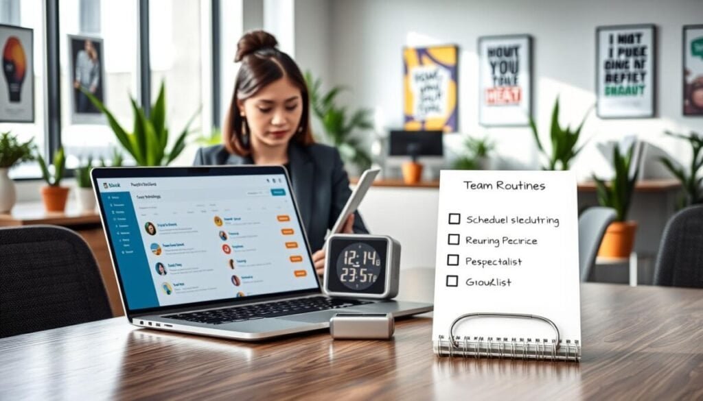 A modern office setting featuring a sleek desk with a laptop open to a Slack interface, displaying a list of scheduled recurring messages. In the foreground, a professional woman in business attire is engaged with the laptop, reviewing her scheduled messages. In the middle, include a digital clock and a checklist highlighting team routines on a notepad. The background should show a well-lit office with contemporary decor, potted plants, and inspirational posters on the walls, creating a motivating atmosphere. The lighting is bright, simulating daylight filtering through large windows. The mood is focused and productive, emphasizing teamwork and organization without any text, ensuring a clean, professional presentation.