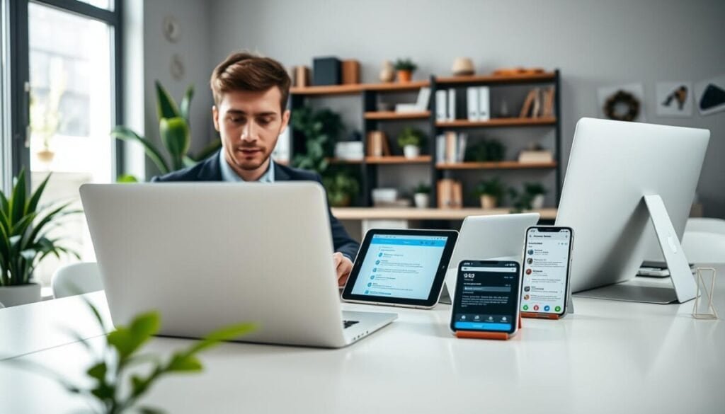 A modern office setting featuring a young professional man in business attire, seated at a sleek desk, focused on managing multiple email tabs across various devices. In the foreground, a laptop with several tabs open, displaying colorful email interfaces. Next to it, a tablet showcasing a calendar app, and a smartphone with notifications popping up. The middle ground reveals a cozy office environment with green plants and a large window letting in soft, natural light. In the background, shelves filled with books and office supplies create an organized atmosphere. The overall mood is productive and calm, highlighting a sense of control and clarity in the digital workspace. Capture the scene from a slightly elevated angle to emphasize the arrangement of devices.