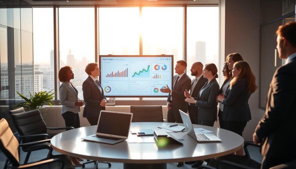 A modern office setting filled with data visualization tools such as dashboards and graphs. In the foreground, a diverse group of professionals in smart business attire collaborates around a large touchscreen display, analyzing alignment between data and organizational goals. The screen glows with colorful charts and analytics, symbolizing insights. In the middle, a sleek round conference table showcases laptops and documents. The background features large windows with a view of a city skyline under a bright, inspiring morning light, casting a warm glow over the scene. The atmosphere is focused and collaborative, conveying a sense of strategic alignment and innovation. The composition should be captured from a slightly elevated angle to emphasize teamwork and engagement. A modern office setting filled with data visualization tools such as dashboards and graphs. In the foreground, a diverse group of professionals in smart business attire collaborates around a large touchscreen display, analyzing alignment between data and organizational goals. The screen glows with colorful charts and analytics, symbolizing insights. In the middle, a sleek round conference table showcases laptops and documents. The background features large windows with a view of a city skyline under a bright, inspiring morning light, casting a warm glow over the scene. The atmosphere is focused and collaborative, conveying a sense of strategic alignment and innovation. The composition should be captured from a slightly elevated angle to emphasize teamwork and engagement.