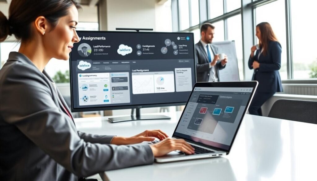 A modern office setting, focusing on a professional businesswoman in smart attire sitting at a sleek desk, engaged in a digital workflow on her laptop. In the foreground, her fingers deftly navigate a digital interface showcasing a Salesforce dashboard filled with lead assignments and case management tools. The middle ground features a large screen displaying key performance metrics and a clear workflow diagram illustrating lead reassignment strategies. Soft, natural lighting filters through large windows, creating a bright, productive atmosphere. In the background, colleagues can be seen collaborating—one discussing over a coffee, another focused on a whiteboard filled with strategies. The overall mood is one of focused collaboration and strategic planning in a bustling corporate environment.