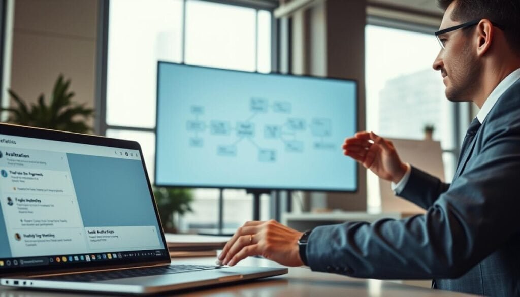 A modern office setting focusing on troubleshooting automation, with a professional wearing smart business attire examining a complex flowchart on a large screen. In the foreground, show a laptop displaying Slack's interface with notifications for availability updates. The middle ground features various nodes and connections illustrating an automation workflow, with symbols representing troubleshooting steps. In the background, soft natural lighting filters through large windows, creating a calm yet focused atmosphere. Utilize a wide-angle lens to capture the scene's depth, emphasizing the structured workspace. The overall mood should convey a sense of diligence and problem-solving, reflecting the importance of maintaining effective automations. A modern office setting focusing on troubleshooting automation, with a professional wearing smart business attire examining a complex flowchart on a large screen. In the foreground, show a laptop displaying Slack's interface with notifications for availability updates. The middle ground features various nodes and connections illustrating an automation workflow, with symbols representing troubleshooting steps. In the background, soft natural lighting filters through large windows, creating a calm yet focused atmosphere. Utilize a wide-angle lens to capture the scene's depth, emphasizing the structured workspace. The overall mood should convey a sense of diligence and problem-solving, reflecting the importance of maintaining effective automations.