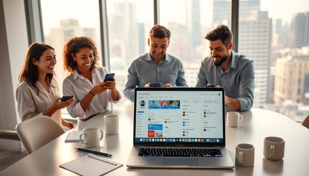 A modern office setting illustrating social media management. In the foreground, a diverse group of three professionals, a woman in a smart blouse and a man in a collared shirt, actively engaging with digital devices, displaying enthusiasm. In the middle ground, a sleek desk with a laptop open, revealing a colorful social media dashboard and Agorapulse interface, surrounded by notepads and coffee mugs. In the background, large windows with soft natural light streaming in, showcasing a vibrant cityscape outside. The mood is energetic and collaborative, conveying a sense of focused teamwork and community engagement. Capture this scene from a slightly elevated angle for a dynamic perspective, with a warm color palette to evoke a positive atmosphere.