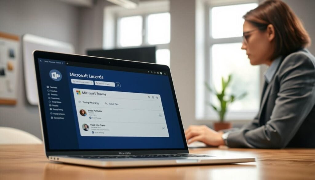 A modern office setting is depicted with a close-up view of a laptop screen displaying Microsoft Teams. In the foreground, a person in professional business attire is focused on troubleshooting missing recording options, looking thoughtfully at the laptop. The middle section features an open window with natural light streaming in, illuminating the scene, which enhances the sense of a productive work environment. In the background, there are blurred items such as a whiteboard with notes and a potted plant, giving a sense of depth. The atmosphere is calm and professional, emphasizing problem-solving and technology use, with a warm color palette creating a welcoming vibe.