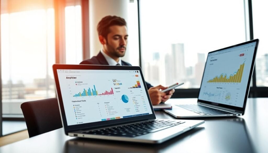 A modern office setting with a business professional analyzing Twitter account data on a sleek laptop. In the foreground, there’s a close-up of colorful graphs and analytics dashboards displayed on the screen, with detailed metrics like follower growth and engagement rates. The middle ground features the individual, dressed in smart business attire, with a focused expression and notepad for jotting down insights. The background includes a large window showing a cityscape, letting in natural light that creates a bright and motivating atmosphere. The overall mood is one of concentration and professionalism, with a soft depth of field to emphasize the subject and the data they are examining. The scene captures the essence of data analysis for improving online presence.