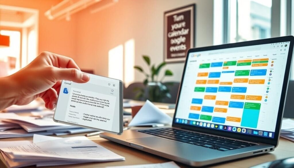 A modern office setting with a desk cluttered with open emails and a laptop displaying Google Calendar, brightly lit by natural daylight streaming through a window. In the foreground, a hand holds a digital tablet, tapping on an email that transforms into a calendar event visually. The middle ground features the laptop screen showing a vivid Google Calendar grid filled with colorful events, indicating effective time management. In the background, a motivational poster about productivity hangs on the wall. The atmosphere is energetic and focused, evoking a sense of organization and efficiency. The image captures the essence of turning emails into actionable calendar events, emphasizing clarity and professionalism.