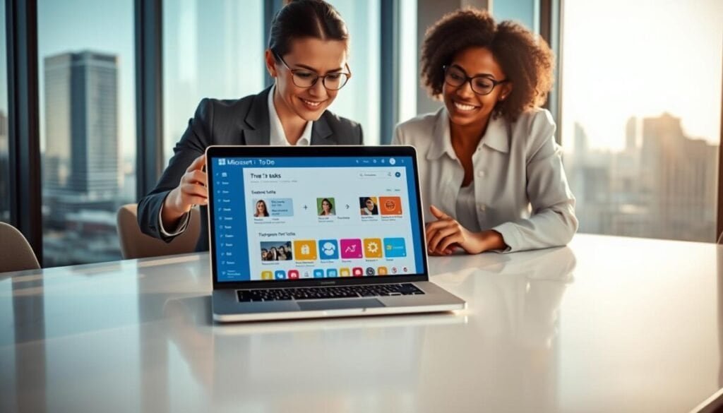 A modern office setting with a diverse group of three professionals engaged in a conversation around a sleek conference table, focused on a laptop displaying the Microsoft To Do interface. In the foreground, one person, a woman in smart business attire, is pointing to the screen, illustrating how tasks can be created directly from chat discussions. The middle scene showcases the laptop with vibrant icons for tasks being added in real-time, while the background includes a window with a view of a city skyline, sunlight filtering in, creating an inspiring atmosphere. The image is well lit, with a soft warm glow, capturing a collaborative and productive mood, framed from a slightly elevated angle for a dynamic perspective. A modern office setting with a diverse group of three professionals engaged in a conversation around a sleek conference table, focused on a laptop displaying the Microsoft To Do interface. In the foreground, one person, a woman in smart business attire, is pointing to the screen, illustrating how tasks can be created directly from chat discussions. The middle scene showcases the laptop with vibrant icons for tasks being added in real-time, while the background includes a window with a view of a city skyline, sunlight filtering in, creating an inspiring atmosphere. The image is well lit, with a soft warm glow, capturing a collaborative and productive mood, framed from a slightly elevated angle for a dynamic perspective.