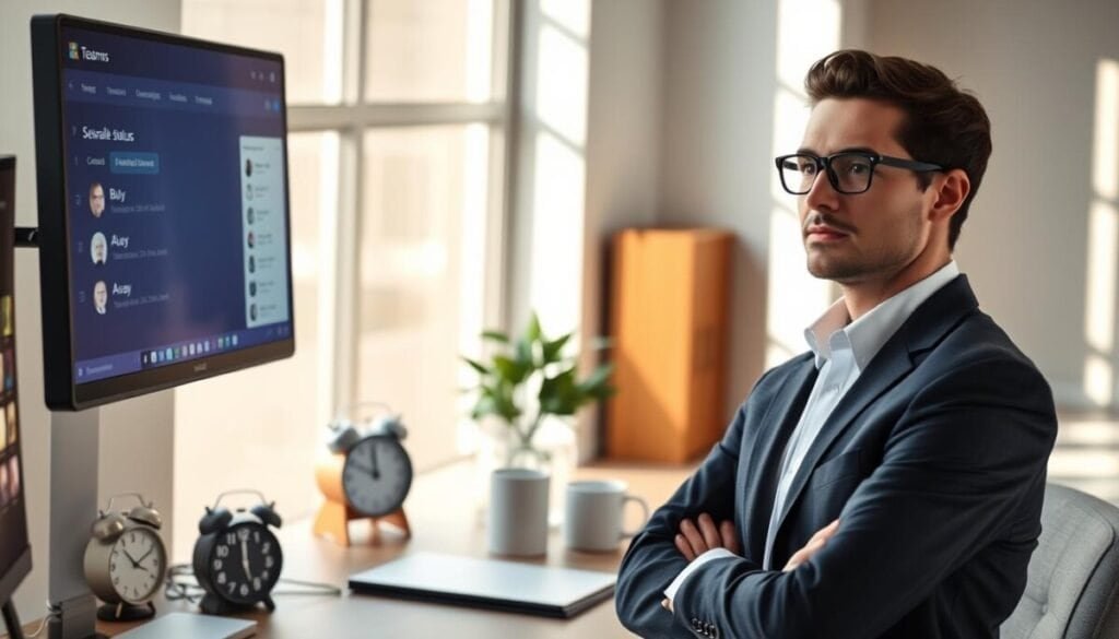 A modern office setting with a focus on a computer screen displaying the Microsoft Teams interface, featuring various status options like "Available," "Busy," and "Away." In the foreground, a professional-looking person dressed in smart casual attire is adjusting their status on the screen with a thoughtful expression. The middle ground includes a few figurines of clocks and calendars, symbolizing time management, while the background showcases a well-organized desk with a plant and a coffee mug, creating a warm, productive atmosphere. Soft, natural lighting filters through a nearby window, casting gentle shadows that enhance the inviting mood of teamwork and efficiency. The image should be clear, with a focus on the determined expression of the individual, emphasizing the importance of staying active in the digital workspace.