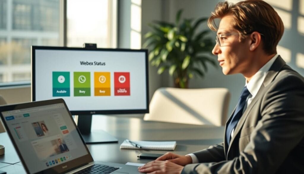 A modern office setting with a focus on a sleek computer screen displaying Webex status indicators: a green ‘Available’ icon, a yellow ‘Busy’ icon, and a red ‘Do Not Disturb’ icon. In the foreground, a business professional in smart attire, looking thoughtfully at the screen, symbolizing clarity and focus. In the middle ground, an open laptop with additional Webex features visible, alongside a notepad with workflow notes. The background features a soft-focus window with natural light illuminating the space, casting gentle shadows. The overall atmosphere should evoke concentration and productivity, with an emphasis on managing digital communication effectively, using a perspective that highlights the importance of online presence in a business environment.