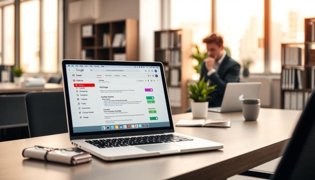 A modern office setting with a focus on a sleek laptop displaying a Gmail interface. In the foreground, the laptop's screen shows an open email template for automated replies, highlighted with vibrant colors to indicate settings for filters. A professional individual, dressed in smart casual attire, is thoughtfully reviewing their laptop, emphasizing a productive environment. The middle ground features a minimalistic desk with a planner and a potted plant, adding a touch of nature. The background includes soft-focus office elements like bookshelves and a large window letting in warm, diffused sunlight. The atmosphere is calm and focused, reflecting a sense of clarity and efficiency in managing email communications. A modern office setting with a focus on a sleek laptop displaying a Gmail interface. In the foreground, the laptop's screen shows an open email template for automated replies, highlighted with vibrant colors to indicate settings for filters. A professional individual, dressed in smart casual attire, is thoughtfully reviewing their laptop, emphasizing a productive environment. The middle ground features a minimalistic desk with a planner and a potted plant, adding a touch of nature. The background includes soft-focus office elements like bookshelves and a large window letting in warm, diffused sunlight. The atmosphere is calm and focused, reflecting a sense of clarity and efficiency in managing email communications.