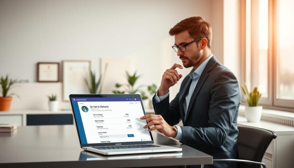 A modern office setting with a professional individual sitting at a sleek desk, focused on a laptop displaying the Microsoft Teams interface. The foreground features the individual, dressed in smart business attire, thoughtfully selecting the "Do Not Disturb" option and setting a status duration. The middle ground showcases the open laptop with an active screen, showing a dropdown menu for status settings. In the background, soft, diffused daylight enters through a large window, highlighting the minimalistic decor of the office, including potted plants and framed certificates. The scene conveys a calm and productive atmosphere, emphasizing the importance of setting focus periods in a work environment. The lighting is warm and inviting, enhancing the professional yet approachable feel of the workspace.