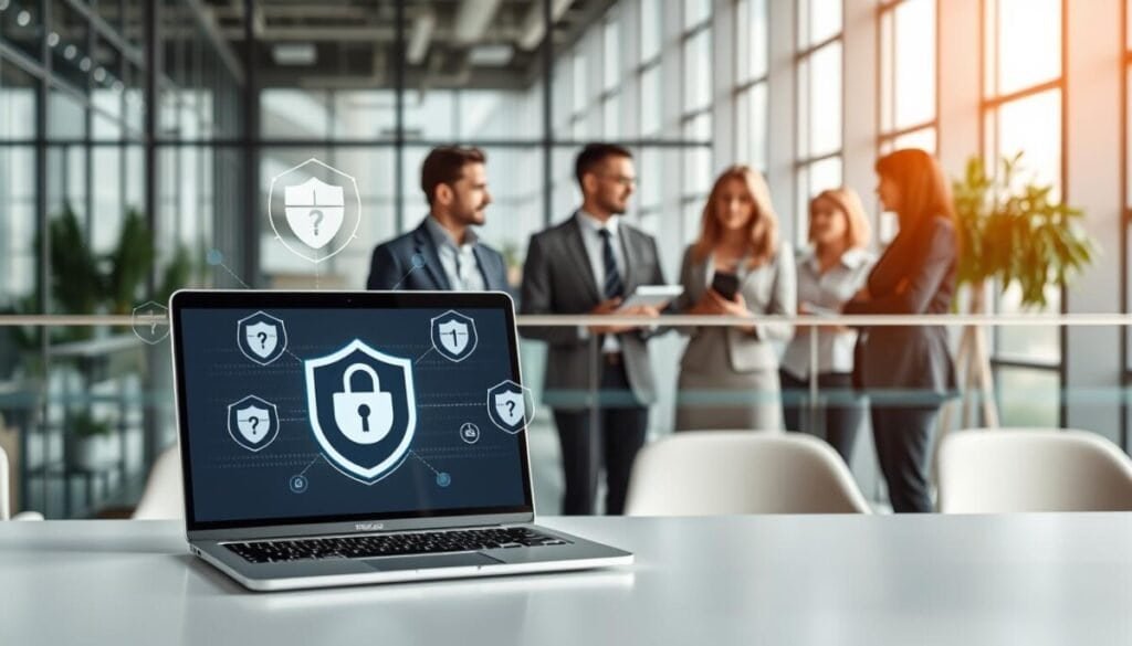 A modern office setting with a sleek desk at the foreground, featuring a laptop displaying a time tracking software interface, surrounded by security icons and digital shields symbolizing data privacy. In the middle ground, a diverse group of professionals in business attire are engaged in a discussion, highlighting teamwork and compliance related to time tracking. The background shows a high-tech environment with large windows letting in soft, natural light, enhancing a sense of transparency and openness. The mood is focused and professional, capturing the essence of security and responsibility in data management. The composition emphasizes clarity and organization, reflecting a trustworthy atmosphere for time tracking security compliance. A modern office setting with a sleek desk at the foreground, featuring a laptop displaying a time tracking software interface, surrounded by security icons and digital shields symbolizing data privacy. In the middle ground, a diverse group of professionals in business attire are engaged in a discussion, highlighting teamwork and compliance related to time tracking. The background shows a high-tech environment with large windows letting in soft, natural light, enhancing a sense of transparency and openness. The mood is focused and professional, capturing the essence of security and responsibility in data management. The composition emphasizes clarity and organization, reflecting a trustworthy atmosphere for time tracking security compliance.
