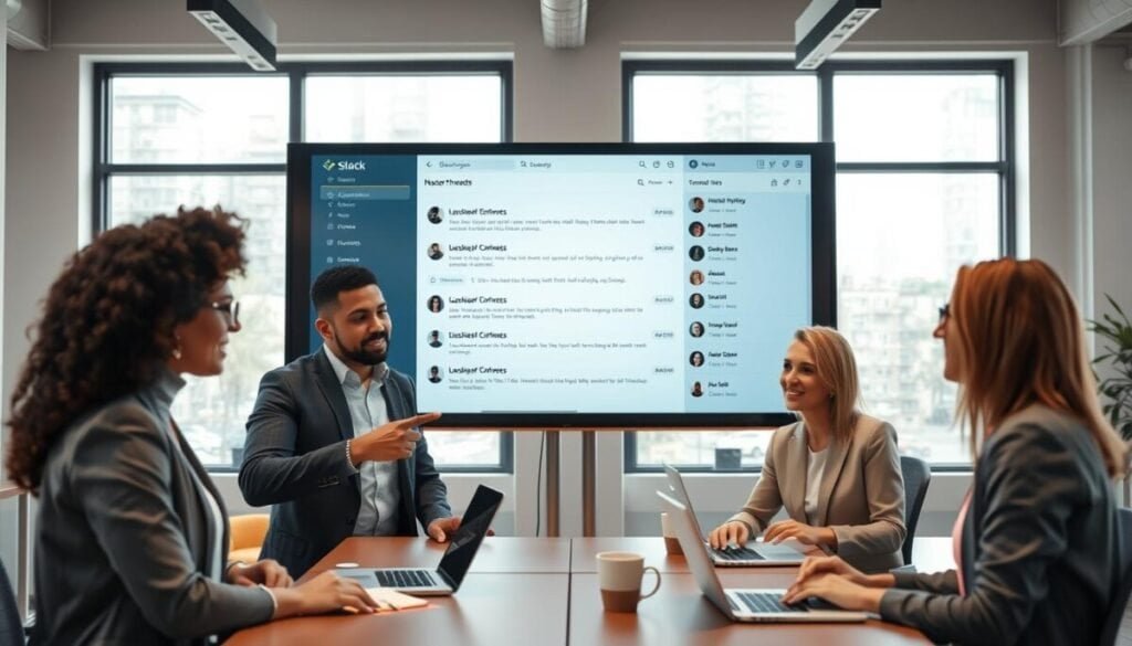 A modern office space featuring a large digital screen displaying Slack's interface with nested threads highlighted. In the foreground, a diverse group of three professionals—one Black woman, one Hispanic man, and one Caucasian woman—are engaged in a focused discussion, pointing towards the screen. They are dressed in smart casual attire, embodying a productive and collaborative atmosphere. In the middle ground, the workspace includes desks with laptops, notepads, and coffee cups, suggesting an active work environment. The background features large windows with natural light pouring in, creating a bright and inviting feel. The overall mood is one of organization, teamwork, and clarity, underscoring the importance of context retention in digital conversations. A modern office space featuring a large digital screen displaying Slack's interface with nested threads highlighted. In the foreground, a diverse group of three professionals—one Black woman, one Hispanic man, and one Caucasian woman—are engaged in a focused discussion, pointing towards the screen. They are dressed in smart casual attire, embodying a productive and collaborative atmosphere. In the middle ground, the workspace includes desks with laptops, notepads, and coffee cups, suggesting an active work environment. The background features large windows with natural light pouring in, creating a bright and inviting feel. The overall mood is one of organization, teamwork, and clarity, underscoring the importance of context retention in digital conversations.