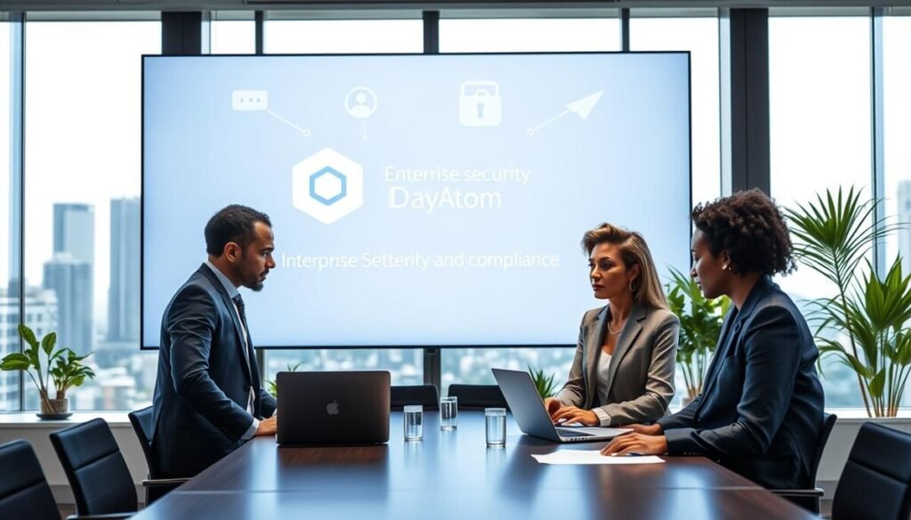 A modern office space featuring a large digital screen displaying the Box logo, symbolizing enterprise security and compliance. In the foreground, a group of three diverse professionals—two men and one woman—are engaged in a discussion, dressed in smart business attire, with a focus on their serious expressions. The middle layer shows a sleek conference table with laptops, documents, and security-related icons subtly integrated into the design. The background includes large windows allowing natural light to flood the room, balanced by subtle artificial lighting that creates a professional atmosphere. A cityscape can be seen outside, emphasizing the enterprise setting, while a few potted plants add a touch of calmness to the environment. The overall mood is focused and secure, reflecting the importance of data protection in business. A modern office space featuring a large digital screen displaying the Box logo, symbolizing enterprise security and compliance. In the foreground, a group of three diverse professionals—two men and one woman—are engaged in a discussion, dressed in smart business attire, with a focus on their serious expressions. The middle layer shows a sleek conference table with laptops, documents, and security-related icons subtly integrated into the design. The background includes large windows allowing natural light to flood the room, balanced by subtle artificial lighting that creates a professional atmosphere. A cityscape can be seen outside, emphasizing the enterprise setting, while a few potted plants add a touch of calmness to the environment. The overall mood is focused and secure, reflecting the importance of data protection in business.