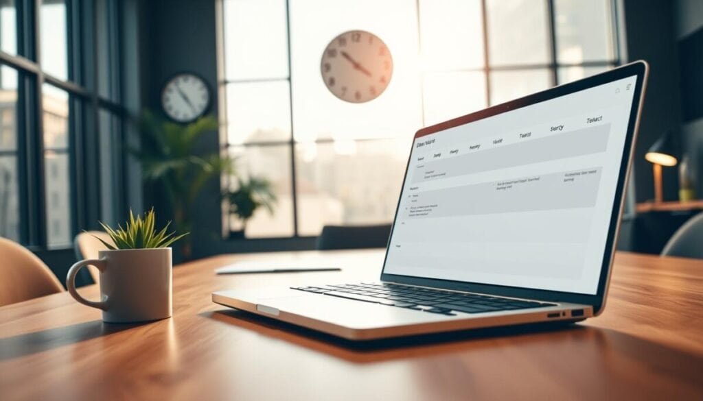 A modern office space featuring a sleek wooden desk with a laptop open to a calendar application, displaying meetings with visible gaps that indicate buffer time. In the foreground, a well-organized workspace includes a potted plant and a stylish coffee mug, creating a sense of calm and productivity. The middle ground showcases a subtle clock on the wall, emphasizing the concept of time management. In the background, large windows filter in soft, natural light, enhancing the serene atmosphere. The scene is captured with a slight overhead angle to emphasize the calendar on the laptop screen, invoking a mood of efficiency and focus. The overall lighting is warm and inviting, ideal for a professional setting. No people are present in the image. A modern office space featuring a sleek wooden desk with a laptop open to a calendar application, displaying meetings with visible gaps that indicate buffer time. In the foreground, a well-organized workspace includes a potted plant and a stylish coffee mug, creating a sense of calm and productivity. The middle ground showcases a subtle clock on the wall, emphasizing the concept of time management. In the background, large windows filter in soft, natural light, enhancing the serene atmosphere. The scene is captured with a slight overhead angle to emphasize the calendar on the laptop screen, invoking a mood of efficiency and focus. The overall lighting is warm and inviting, ideal for a professional setting. No people are present in the image.