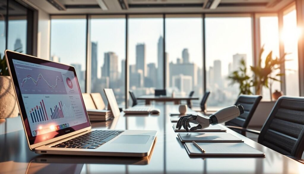 A modern office space filled with high-tech devices symbolizing AI content automation. In the foreground, a sleek laptop displays analytics and charts, while robotic hands are interacting with the screen, generating content. The middle ground features a stylish desk with digital notepads and smart assistants, casting a soft glow. The background shows a large window overlooking a futuristic city skyline, illuminated by soft morning light. The atmosphere is professional and innovative, conveying a sense of efficiency and advanced technology. Use a wide-angle lens to create depth, and aim for bright, natural lighting that enhances the modern aesthetic of the workspace. A modern office space filled with high-tech devices symbolizing AI content automation. In the foreground, a sleek laptop displays analytics and charts, while robotic hands are interacting with the screen, generating content. The middle ground features a stylish desk with digital notepads and smart assistants, casting a soft glow. The background shows a large window overlooking a futuristic city skyline, illuminated by soft morning light. The atmosphere is professional and innovative, conveying a sense of efficiency and advanced technology. Use a wide-angle lens to create depth, and aim for bright, natural lighting that enhances the modern aesthetic of the workspace.