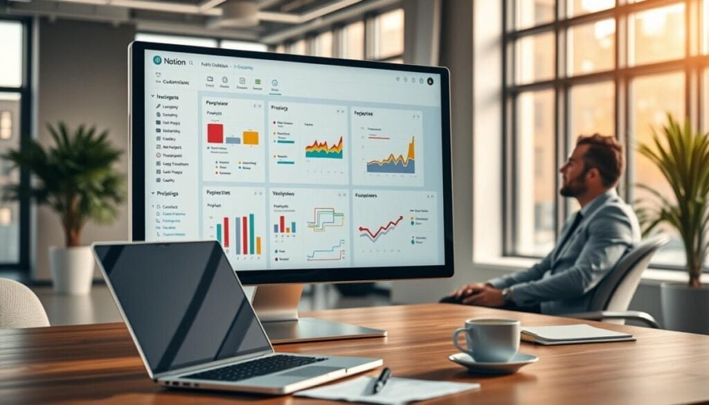 A modern office space showcasing a digital dashboard on a sleek computer screen, displaying a colorful and organized Notion database with various custom views illustrating workflows. In the foreground, a laptop rests on a stylish wooden desk next to a notepad and a coffee cup, while a focused professional in smart casual attire sits to the side, analyzing the data. In the middle, the vibrant graphs and charts on the screen highlight projects, tasks, and deadlines, interconnected with arrows and progress bars. The background features large windows letting in soft natural light, casting a warm glow over the workspace that enhances productivity. The scene conveys a mood of clarity and efficiency, emphasizing a streamlined workflow in project management. A modern office space showcasing a digital dashboard on a sleek computer screen, displaying a colorful and organized Notion database with various custom views illustrating workflows. In the foreground, a laptop rests on a stylish wooden desk next to a notepad and a coffee cup, while a focused professional in smart casual attire sits to the side, analyzing the data. In the middle, the vibrant graphs and charts on the screen highlight projects, tasks, and deadlines, interconnected with arrows and progress bars. The background features large windows letting in soft natural light, casting a warm glow over the workspace that enhances productivity. The scene conveys a mood of clarity and efficiency, emphasizing a streamlined workflow in project management.