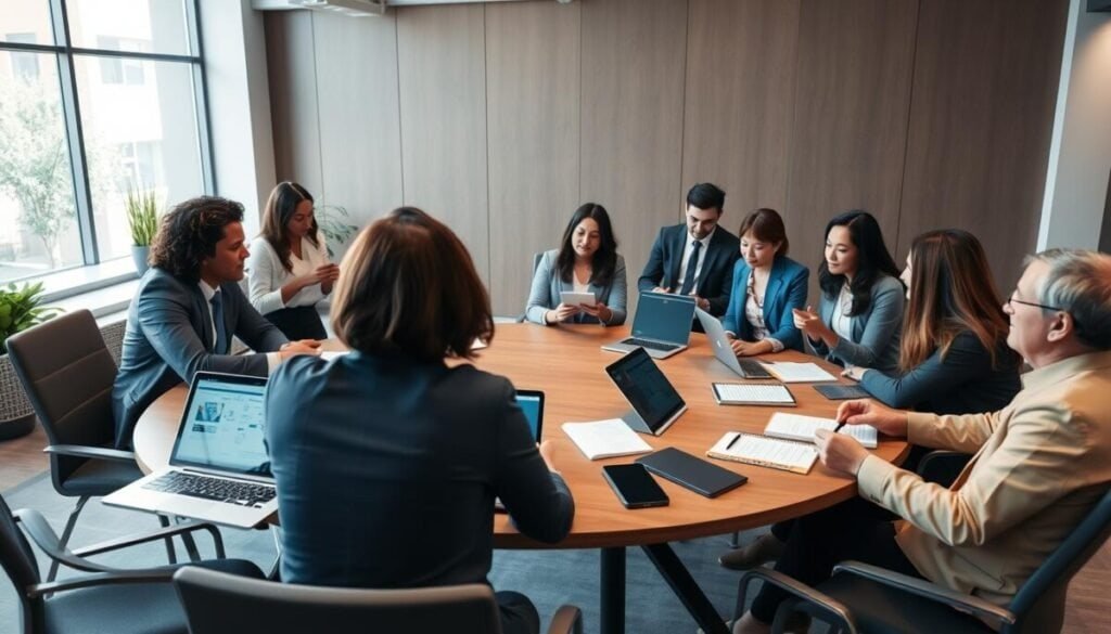 A modern office space with a circular table surrounded by diverse professionals engaged in lively discussion, all dressed in business attire. The foreground features a facilitator guiding the session, with a laptop open and a digital whiteboard displaying ideas, fostering a collaborative atmosphere. In the middle, participants are using notepads and laptops, actively taking notes and sharing insights, embodying a sense of focus and productivity. The background showcases a large window with natural light streaming in, illuminating the space, and creating a warm, inviting environment. The angle captures a dynamic perspective, emphasizing interaction and teamwork among the participants, with soft yet professional lighting enhancing the mood of collaboration and engagement.