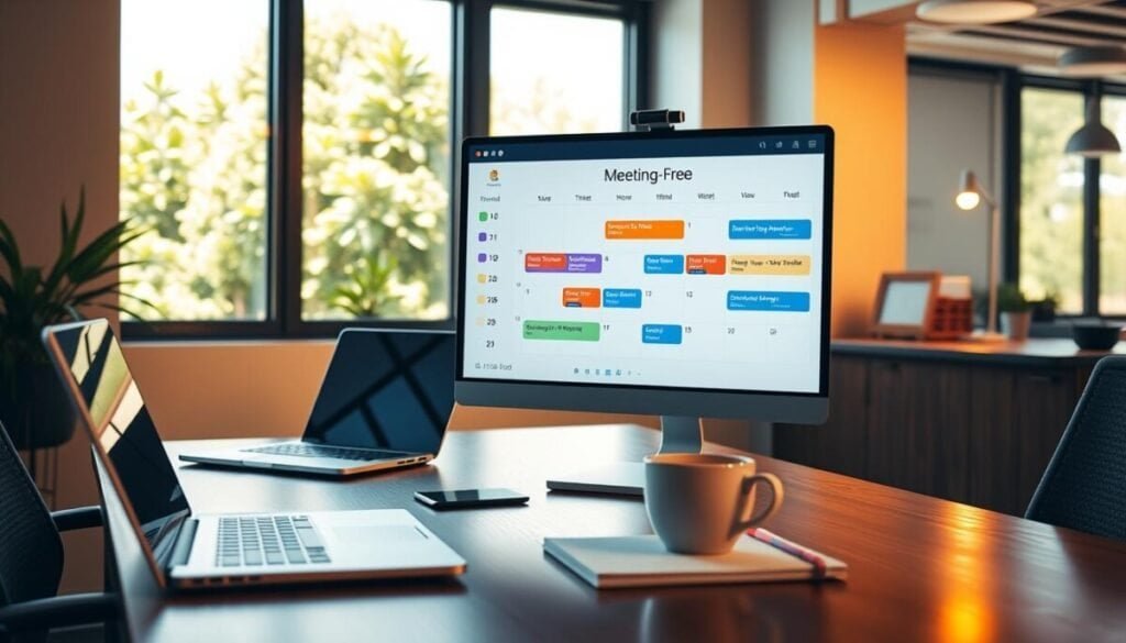 A modern office space with a focus on a digital calendar displayed on a sleek computer screen. In the foreground, the screen shows a colorful, organized calendar with designated time blocks labeled "Meeting-Free." The middle section features a wooden desk with a laptop, a notepad, and a cup of coffee, creating a professional atmosphere. In the background, a window reveals a bright, sunny day with greenery outside, emphasizing an inviting workspace. The lighting is warm and soft, with natural sunlight illuminating the desk, creating a productive and serene environment. The overall mood is calm and focused, ideal for setting up effective meeting-free time blocks.