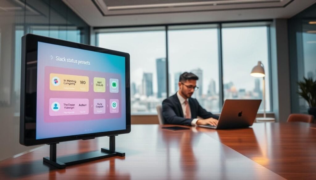 A modern office space with a sleek, minimalistic design. In the foreground, a digital display screen shows a colorful interface of Slack status presets featuring icons like "In a Meeting," "Do Not Disturb," and "Out for Lunch." In the middle, a stylish, professional person in business attire is seated at a polished wooden desk, intently configuring the status presets on their laptop. The background showcases a bright, sunlit window with a view of a city skyline, adding a sense of productivity. Soft, warm lighting emanates from a desk lamp, creating a focused yet inviting atmosphere. The overall mood is efficient and tech-savvy, reflecting a seamless work environment.