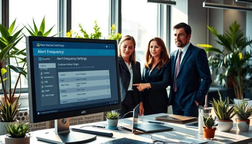 A modern office workspace featuring a computer screen displaying a visual interface for managing alert frequency settings in SharePoint. In the foreground, a diverse group of three professionals in business attire—two women and one man—engaged in a focused discussion, pointing at the screen. The middle ground includes the vibrant workspace, with potted plants and a neatly organized desk. The background reveals large windows letting in natural light, casting soft shadows across the room. The atmosphere is productive and collaborative, with warm lighting creating an inviting feel. Use a wide-angle lens perspective to capture the entire scene, ensuring emphasis on the interaction at the computer.
