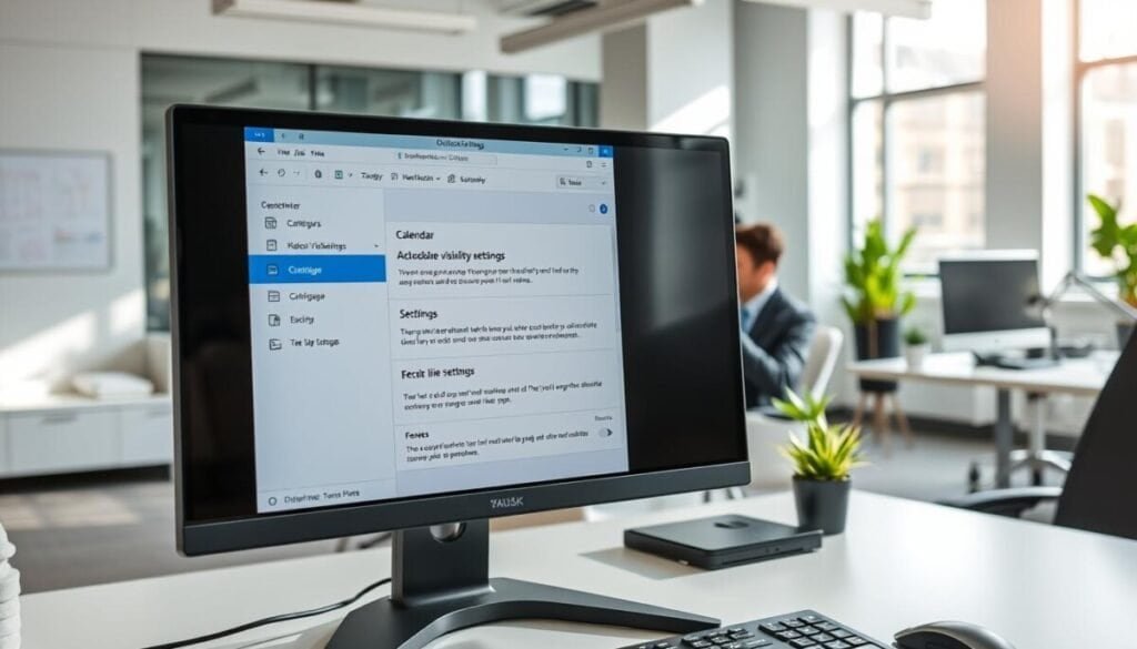 A modern office workspace featuring a computer screen displaying an Outlook calendar interface, showcasing the "calendar visibility settings" menu. The foreground includes the computer with a close-up view of the screen, while the middle layer shows a neatly organized desk with a business professional in smart attire, thoughtfully adjusting settings on the computer. The background reveals a bright, well-lit office environment with sleek furniture and potted plants, conveying a productive atmosphere. Natural light streams in from a window, creating soft shadows and highlights. The overall mood is focused and professional, emphasizing the importance of configuring visibility settings for better time management. A modern office workspace featuring a computer screen displaying an Outlook calendar interface, showcasing the "calendar visibility settings" menu. The foreground includes the computer with a close-up view of the screen, while the middle layer shows a neatly organized desk with a business professional in smart attire, thoughtfully adjusting settings on the computer. The background reveals a bright, well-lit office environment with sleek furniture and potted plants, conveying a productive atmosphere. Natural light streams in from a window, creating soft shadows and highlights. The overall mood is focused and professional, emphasizing the importance of configuring visibility settings for better time management.