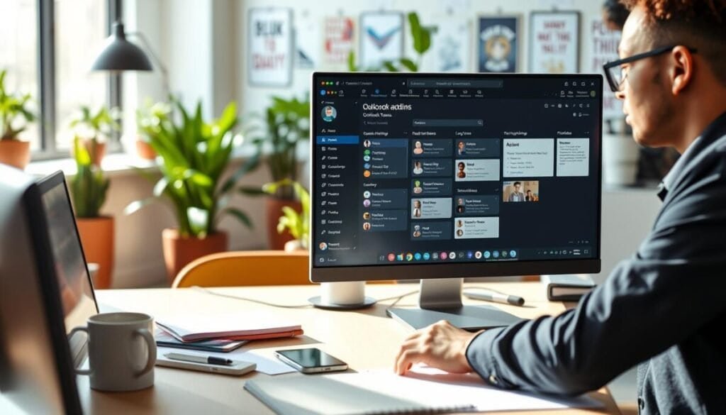 A modern office workspace featuring a computer screen displaying the Microsoft Teams interface, with focus on the calendar and add-ins section. In the foreground, a professional user in business attire interacts with the app, their face reflecting concentration and productivity. The middle ground includes a desk cluttered with tech gadgets like a smartphone, a notepad, and a coffee mug, suggesting a busy work environment. Soft, natural lighting filters through a nearby window, casting gentle shadows, while the background showcases a vibrant office setting with plants and motivational posters. The overall atmosphere is one of collaboration and efficiency, embodying the seamless integration of Outlook Calendar within Microsoft Teams.