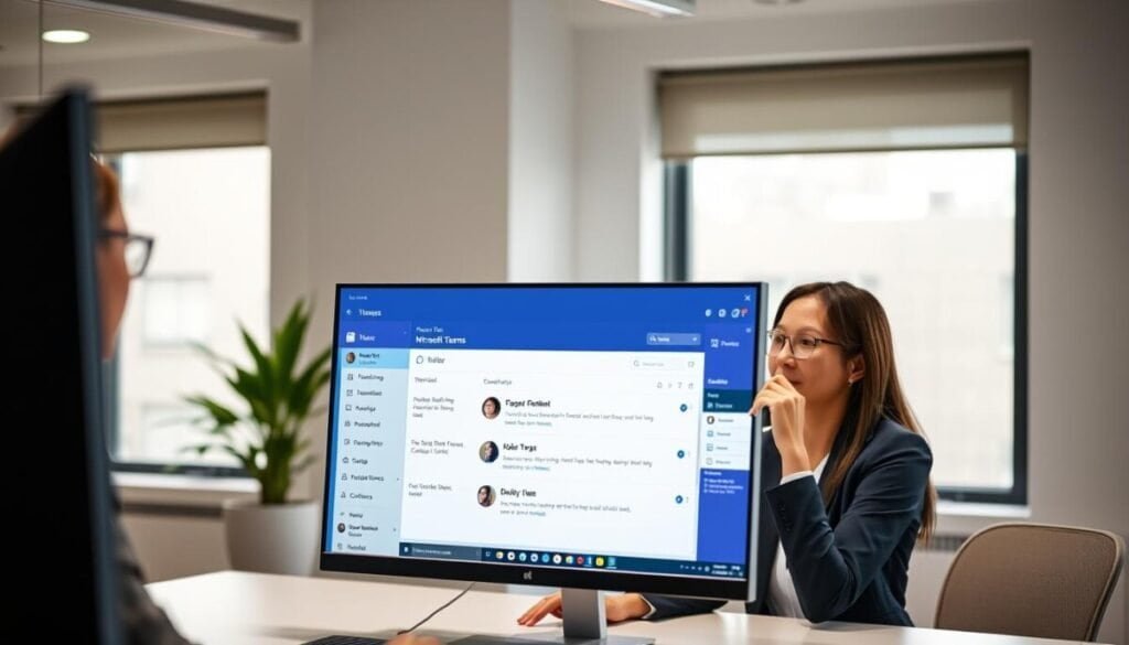 A modern office workspace featuring a computer screen displaying the Microsoft Teams interface, prominently highlighting the "pin" icon next to a message in a chat window. In the foreground, a professional woman in business attire is seated at a sleek desk, focused on the screen, with a thoughtful expression. The middle layer showcases the detailed user interface of Microsoft Teams, with vibrant colors and clear icons, including messages being highlighted. The background includes soft, ambient lighting from a window, creating a warm and inviting atmosphere. A potted plant sits on the windowsill, enhancing the office space. The overall mood is one of productivity and collaboration, illustrating an efficient workplace environment.