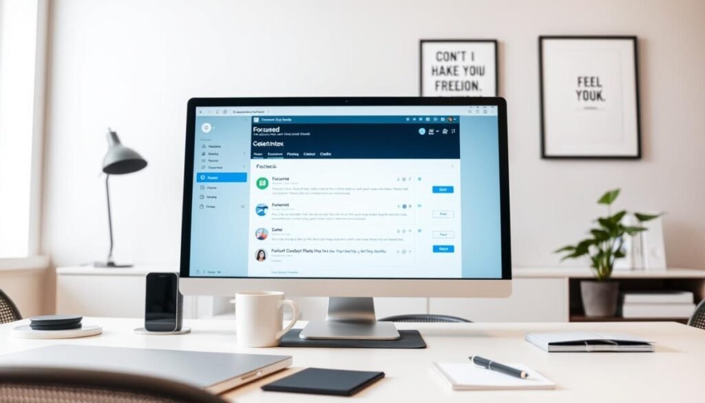 A modern office workspace featuring a computer screen displaying the Outlook Focused Inbox interface. In the foreground, there’s a neatly organized desk with a closed laptop, a coffee mug, and a notepad with a pen, all arranged for a professional yet inviting atmosphere. The middle ground shows the computer screen illuminated by soft, diffused lighting, highlighting the email categories: "Focused" and "Other." In the background, there are light gray walls with a motivational poster and a potted plant to add a touch of greenery. The scene is captured from a slightly elevated angle to emphasize the workspace's organization and flow, creating a calm, focused mood that promotes productivity.