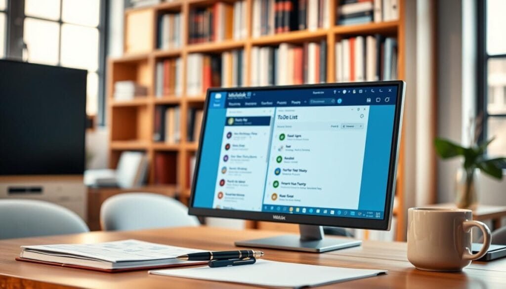 A modern office workspace featuring a desktop computer screen displaying the Outlook interface with the Microsoft To Do tasks list prominently featured. In the foreground, a neatly organized desk with a planner, a stylish pen, and a coffee mug, evoking a productive atmosphere. The middle ground showcases the vibrant Outlook interface, highlighting the tasks and lists with colorful icons and checkboxes. Soft, natural light filters in from a nearby window, creating a warm and inviting ambiance. The background features a blurred view of a bookshelf filled with business books, reinforcing the professional setting. The overall mood is focused and organized, perfect for illustrating productivity and task management within Outlook. A modern office workspace featuring a desktop computer screen displaying the Outlook interface with the Microsoft To Do tasks list prominently featured. In the foreground, a neatly organized desk with a planner, a stylish pen, and a coffee mug, evoking a productive atmosphere. The middle ground showcases the vibrant Outlook interface, highlighting the tasks and lists with colorful icons and checkboxes. Soft, natural light filters in from a nearby window, creating a warm and inviting ambiance. The background features a blurred view of a bookshelf filled with business books, reinforcing the professional setting. The overall mood is focused and organized, perfect for illustrating productivity and task management within Outlook.