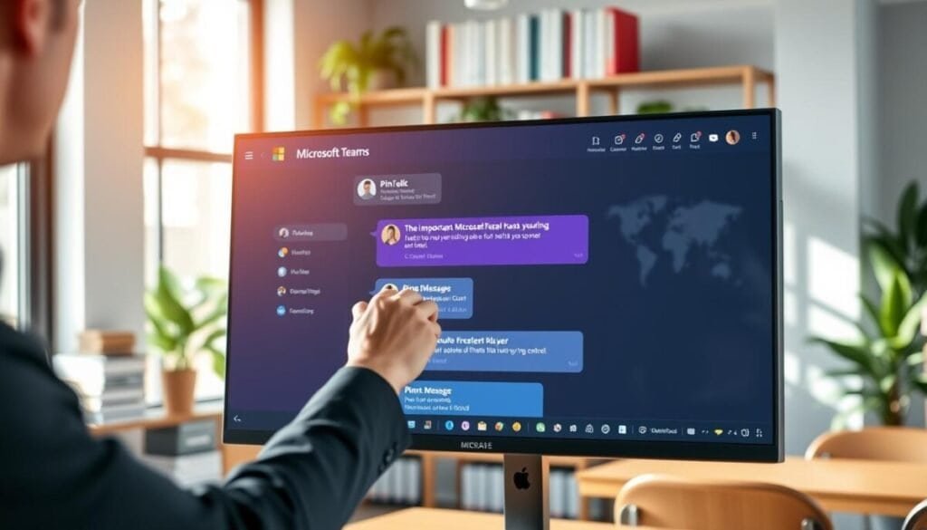 A modern office workspace featuring a large computer monitor displaying a Microsoft Teams chat interface. In the foreground, a person in professional business attire interacts with the chat feature, pinning an important message. The middle ground highlights vibrant chat bubbles, with distinct icons indicating pinned messages, while a softly blurred background reveals a collaborative work atmosphere, with shelves stacked with books and indoor plants. The lighting is bright and inviting, with natural light filtering through a window, casting soft shadows. The camera angle is slightly from above, capturing both the action of pinning messages and the digital interface, creating a focus on the importance of communication in professional teamwork. The overall mood is productive and engaging.