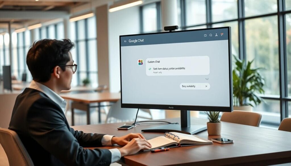 A modern office workspace featuring a large computer screen displaying the Google Chat interface, showcasing a user setting their custom status linked to their calendar availability. In the foreground, a professional person, dressed in smart casual attire, is engaged with the computer, focused and precise. The screen shows a colorful status indicator, calendar integration icons, and chat bubbles indicating busy availability. In the middle ground, an organized desk with a planner, potted plant, and minimalist smartphone enhances the productivity theme. The background reveals a bright, airy office with large windows allowing natural light to flood in, creating an open and inviting atmosphere. Overall, the scene conveys a sense of efficiency and modern work culture, with soft ambient lighting that adds warmth and professionalism. A modern office workspace featuring a large computer screen displaying the Google Chat interface, showcasing a user setting their custom status linked to their calendar availability. In the foreground, a professional person, dressed in smart casual attire, is engaged with the computer, focused and precise. The screen shows a colorful status indicator, calendar integration icons, and chat bubbles indicating busy availability. In the middle ground, an organized desk with a planner, potted plant, and minimalist smartphone enhances the productivity theme. The background reveals a bright, airy office with large windows allowing natural light to flood in, creating an open and inviting atmosphere. Overall, the scene conveys a sense of efficiency and modern work culture, with soft ambient lighting that adds warmth and professionalism.