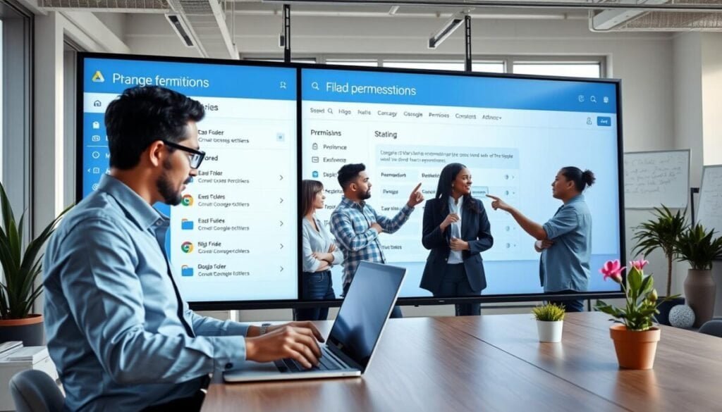 A modern office workspace featuring a large digital screen displaying a Google Drive interface with shared folders and permission settings. In the foreground, a professional wearing business attire is interacting with a laptop, visibly focused on managing permissions. The middle layer showcases a diverse team discussing access controls while pointing at the screen, emphasizing collaboration. The background includes various office elements like potted plants and a whiteboard filled with brainstorming notes. Soft, natural lighting streaming in through large windows enhances the atmosphere of productivity and teamwork. Capture this scene from a slightly elevated angle, showcasing dynamic interactions and creating a sense of engagement.