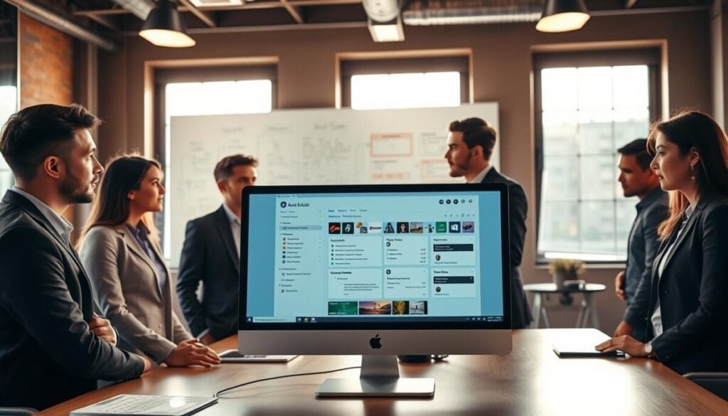 A modern office workspace featuring a sleek computer displaying the Asana interface on the screen. In the foreground, a diverse group of professionals in business attire, engaged in discussion, with visible expressions of collaboration and focus. The background includes a large whiteboard filled with brainstorming notes and flowcharts illustrating integration with Microsoft tools like Teams and Excel. Warm, natural lighting streams through large windows, creating a bright and inviting atmosphere. Capture the scene from an over-the-shoulder angle, emphasizing the details on the computer screen and the dynamic interaction among the team members. The overall mood should be one of productivity and synergy, showcasing the seamless blending of technology and teamwork.