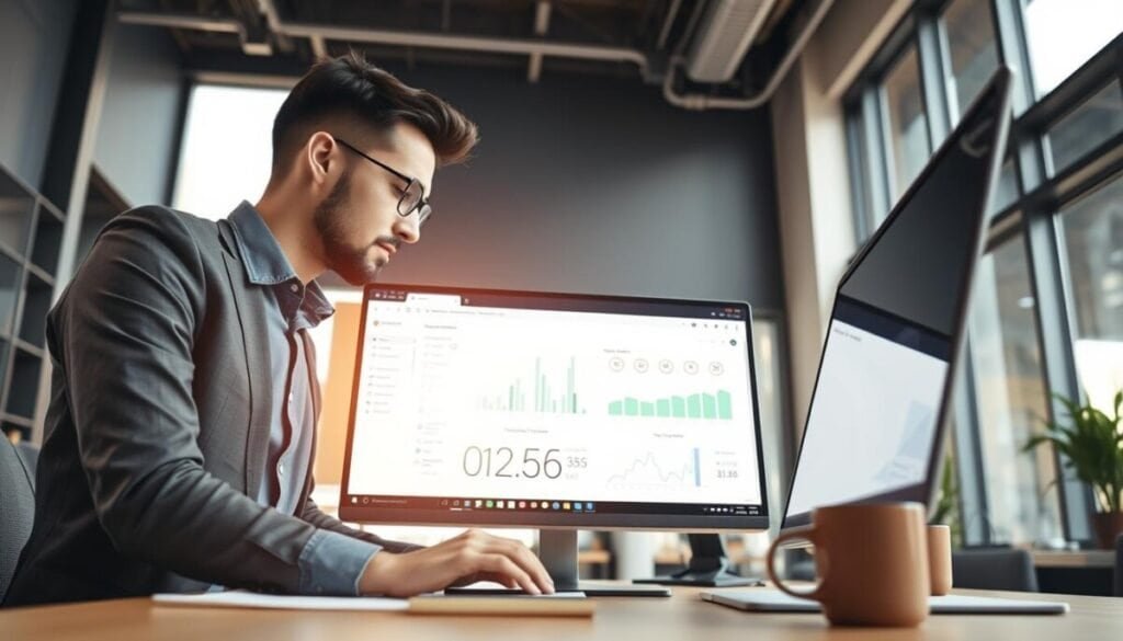 A modern office workspace featuring a sleek computer screen displaying a browser extension for time tracking. In the foreground, a focused professional dressed in smart casual attire interacts with the tracker's user interface, which shows graphs and timers. The middle layer reveals clutter-free desk accessories like a notepad and a coffee cup, enhancing the productivity atmosphere. In the background, large windows let in warm, natural light, illuminating the room and casting soft shadows. The scene conveys a sense of efficiency and organization, with a relaxed yet focused mood, suitable for busy professionals effectively managing their time. The angle is slightly tilted downwards, capturing both the screen and the professional's engagement with the task. A modern office workspace featuring a sleek computer screen displaying a browser extension for time tracking. In the foreground, a focused professional dressed in smart casual attire interacts with the tracker's user interface, which shows graphs and timers. The middle layer reveals clutter-free desk accessories like a notepad and a coffee cup, enhancing the productivity atmosphere. In the background, large windows let in warm, natural light, illuminating the room and casting soft shadows. The scene conveys a sense of efficiency and organization, with a relaxed yet focused mood, suitable for busy professionals effectively managing their time. The angle is slightly tilted downwards, capturing both the screen and the professional's engagement with the task.