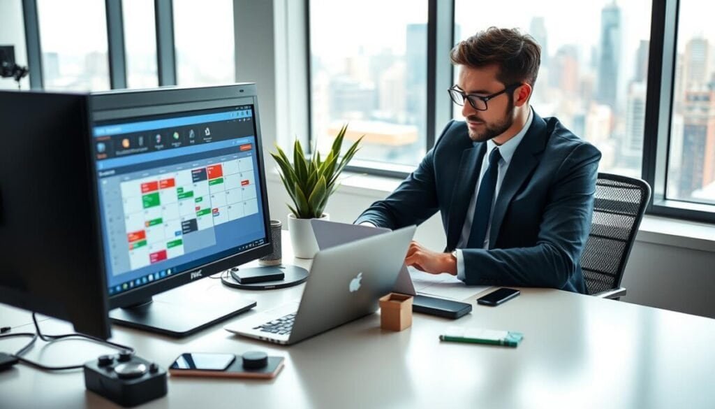 A modern office workspace featuring a sleek computer setup with a user navigating a calendar integration interface. In the foreground, a focused individual in professional business attire is adjusting settings on a laptop, with bright, soft lighting illuminating the screen’s vibrant calendar visuals. In the middle, a stylish desk cluttered with tech gadgets and stationery adds an element of productivity, while a potted plant brings a touch of greenery. In the background, a large window lets in natural light, showcasing a lively cityscape, contributing to an atmosphere of efficiency and innovation. The composition should evoke a sense of focus and modernity, reflecting the theme of seamless technology integration.
