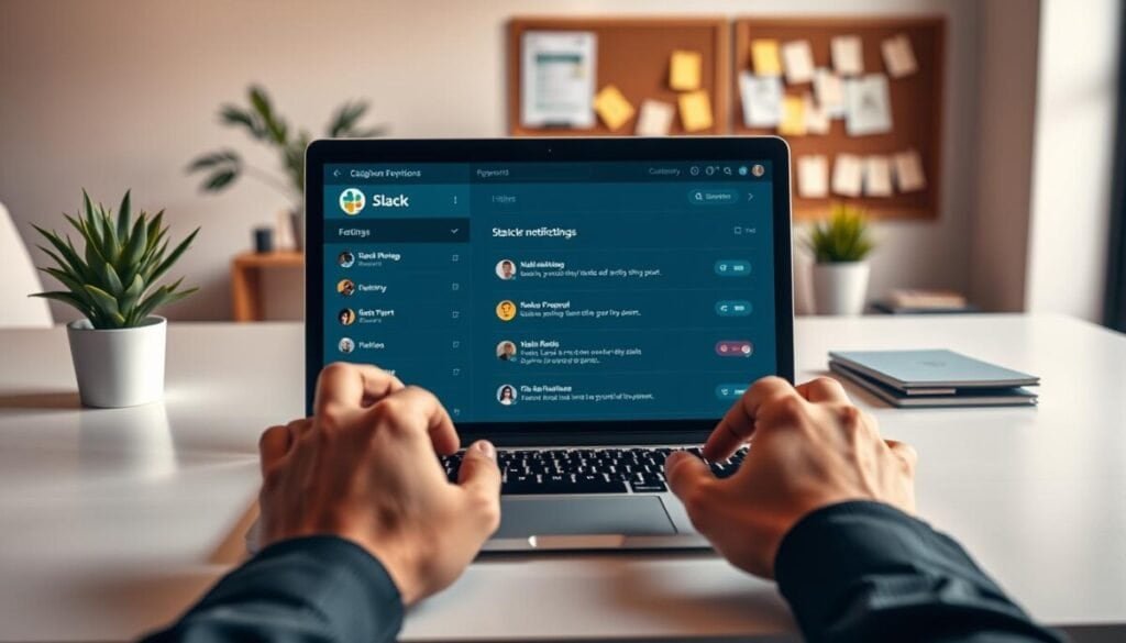 A modern office workspace featuring a sleek laptop displaying a vibrant Slack interface with highlighted keyword notifications. In the foreground, a pair of professional business hands is managing the settings on the laptop, showcasing an emphasis on customization. In the middle, the glowing laptop light casts a soft illumination, reflecting productivity and focus. The background shows a minimalistic office environment with a potted plant and a corkboard filled with notes, enhancing the theme of organization. The overall atmosphere is one of optimism and concentration, with warm lighting to evoke a sense of calm and focus on crucial communication. The composition captures both the technology and the human aspect of effective teamwork without any distractions.