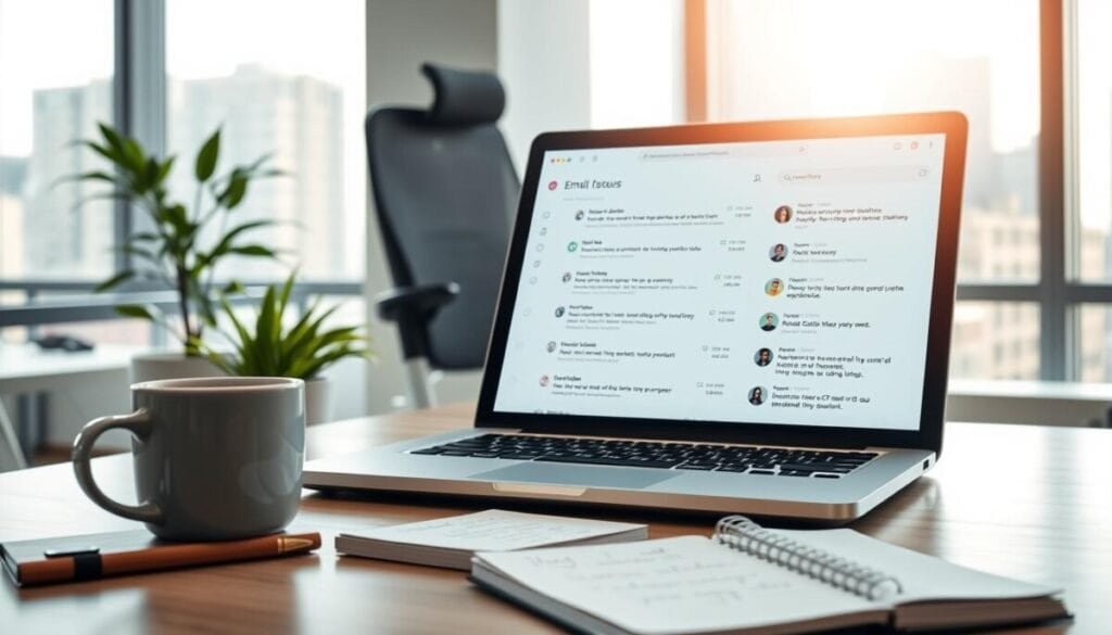 A modern office workspace featuring a sleek laptop open to an email inbox interface, displaying various emails organized neatly. In the foreground, a stylish coffee mug rests beside the laptop, alongside a notepad with handwritten notes about outreach strategies. The middle ground showcases a comfortable ergonomic chair and a green potted plant adding life to the space. In the background, a bright window reveals a bustling cityscape, with sunlight pouring in, creating a warm and productive atmosphere. The scene is captured with a shallow depth of field to emphasize the email inbox, while soft, natural light enhances the mood of focus and professionalism. The overall aesthetic conveys a sense of seamless connectivity and efficiency in a business environment.